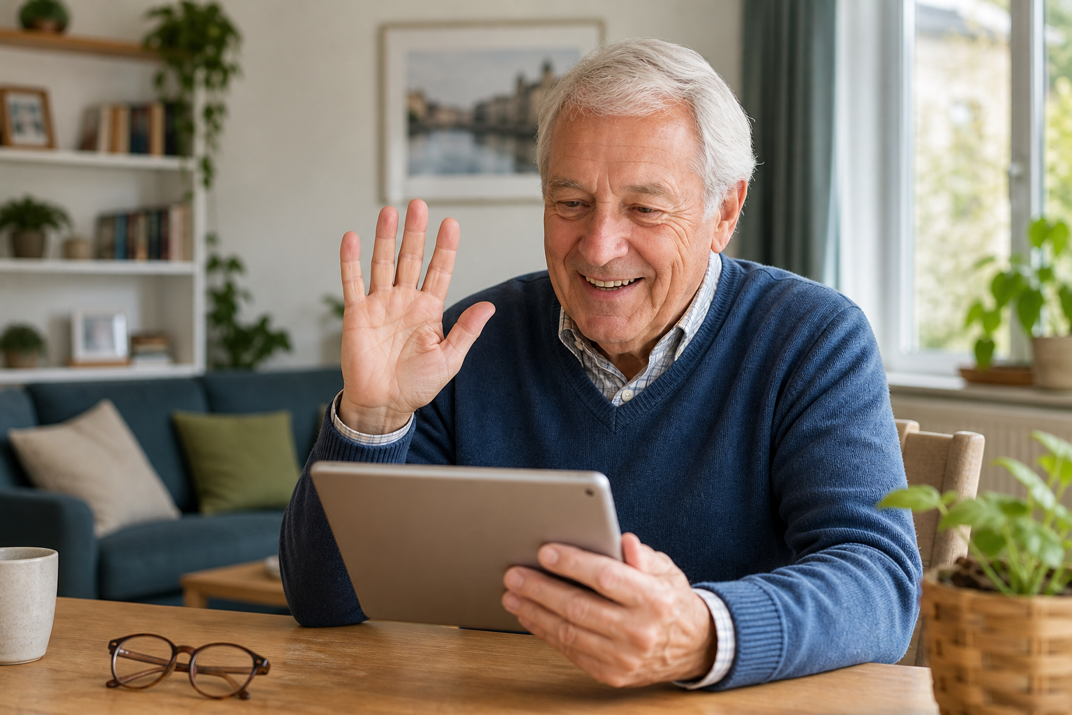 Senior nutzt zu Hause ein Tablet für einen Videoanruf