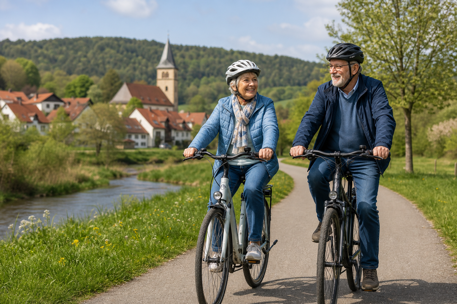 Aktives Seniorenpaar fährt auf einem Weg durch die deutsche Landschaft Fahrrad