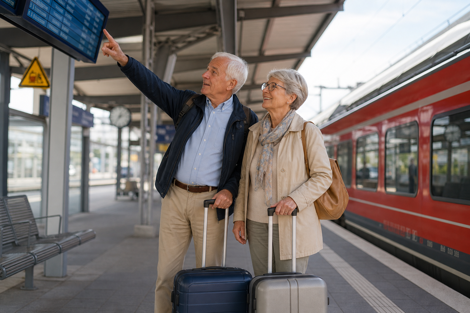 Seniorenpaar beginnt eine Bahnreise an einem deutschen Bahnhof